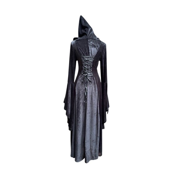 Medieval Renaissance Hooded Gown Black Velour Gold Trim Lace Up Bodice Size M - Picture 7 of 13